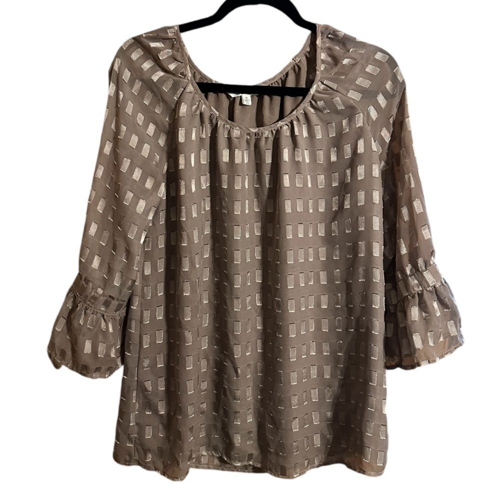 Krazy Kat Womens Blouse Brown Taupe Tie 3/4 Sleeve Round Neck Lined. Size M